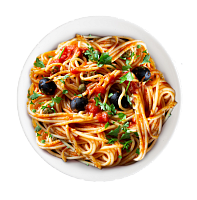 Спагетти путанеска с копчеными маслинами 